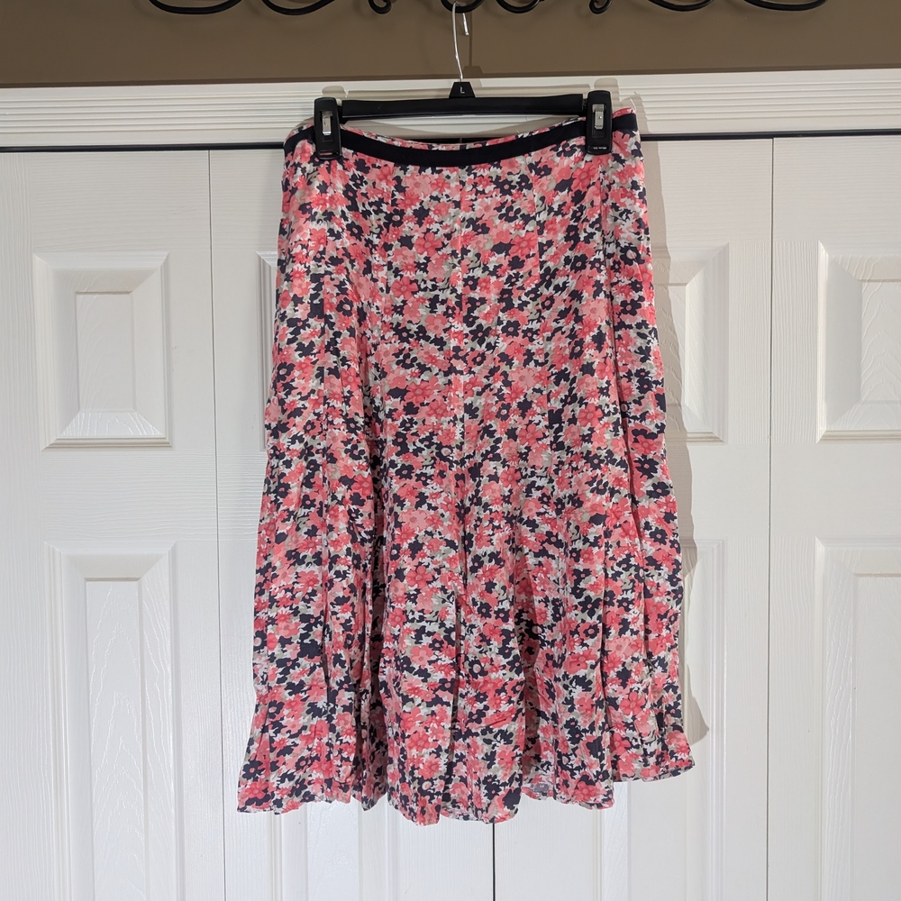 Christopher & Banks Pink and Black Floral A-Line Skirt